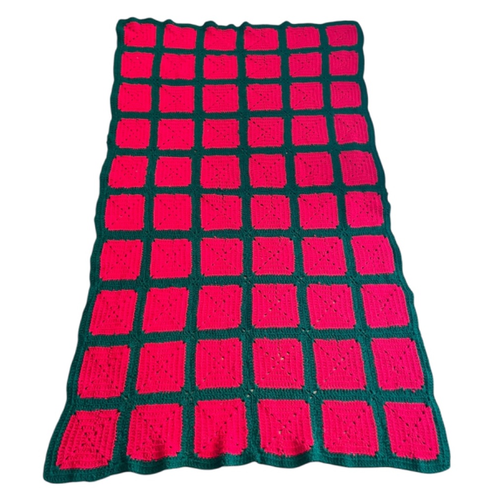 Vintage Handmade Christmas Granny Square Crochet Afghan Throw Blanket 42" x 74"